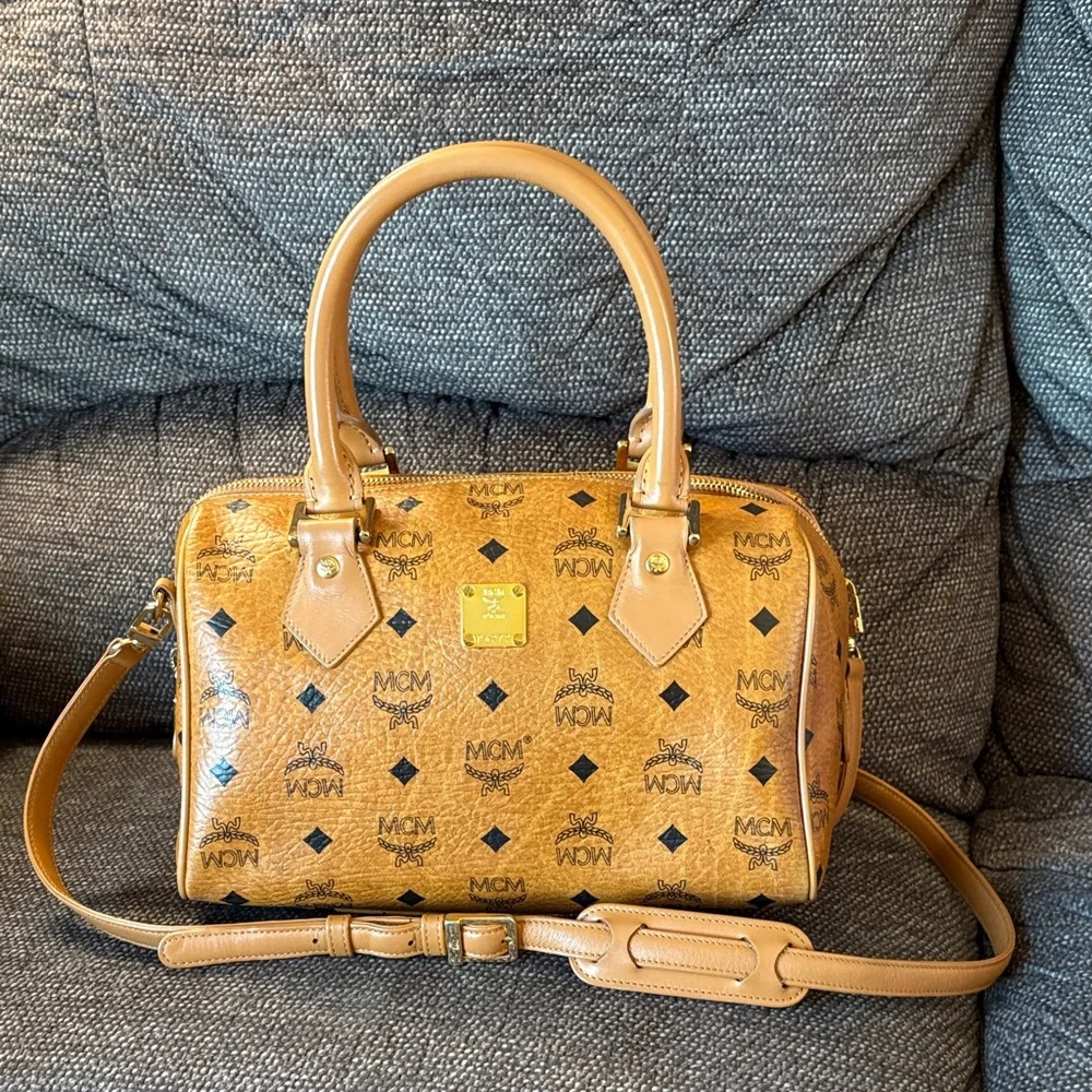 MCM Cognac Visetos Boston Bag with Strap